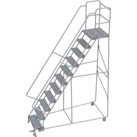 11 Step Aluminum Rolling Ladder 24""W Ribbed Tread 21""D Top Step 32"" Handrails - WLAR111244-D4