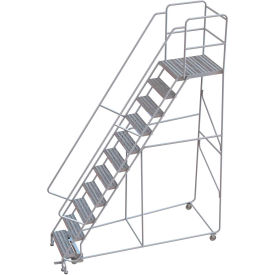 11 Step Aluminum Rolling Ladder 24""W Ribbed Tread 28""D Top Step 32"" Handrails - WLAR111244-D5