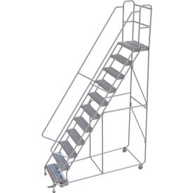 11 Step Aluminum Rolling Ladder 24""W Ribbed Tread 14""D Top Step 32"" Handrails - WLAR111244