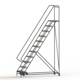 11 Step Aluminum Rolling Ladder 24""W Ribbed Tread 14""D Top Step 42"" Handrails - WLAR111244C