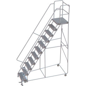 11 Step Aluminum Rolling Ladder 24""W Grip Tread 21""D Top Step 32"" Handrails - WLAR111245-D4