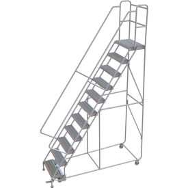 11 Step Aluminum Rolling Ladder 24""W Grip Strut 14""D Top Step 32"" Handrails - WLAR111245