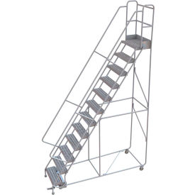 12 Step Aluminum Rolling Ladder 24""W Ribbed Tread 14""D Top Step 36"" Handrails - WLAR112244