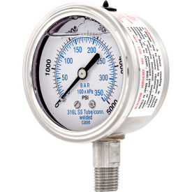 ENGINEERED SPECIALTY PRODUCTS, INC 301L-254R PIC Gauges 2.5" All Stainless Pressure Gauge, 1/4" NPT, 0/5000 PSI, Glycerine Filled, LM, 301L-254R image.