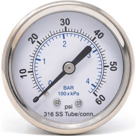ENGINEERED SPECIALTY PRODUCTS, INC 302D-254D PIC Gauges 2.5" All SS Pressure Gauge, 1/4" NPT,0/60 PSI, Dry Fillable, Ctr Back Mount, 302D-254D image.