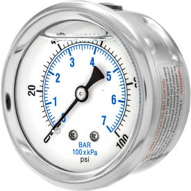 ENGINEERED SPECIALTY PRODUCTS, INC PRO-202L-254E Pic Gauges 2 1/2" Pressure Gauge, Liquid Filled, 100 PSI, SS Case, Center Back Mount, PRO-202L-254E image.