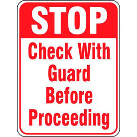 ACCUFORM MANUFACTURING FRS581RA AccuformNMC Stop Check With Guard Before Proceeding Traffic Sign, Aluminum, 24" x 18", Red/White image.