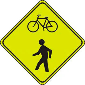 ACCUFORM MANUFACTURING FRW531 AccuformNMC Bicycle/Pedestrian Crossing Sign, Aluminum, 30" x 30", Black/Fluorescent Yellow/Green image.