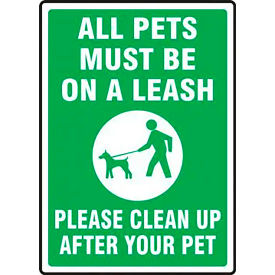 ACCUFORM MANUFACTURING MCAW567VA AccuformNMC All Pets Must Be On A Leash Please Clean Up After Your Sign, Aluminum, 18" x 12", Green image.