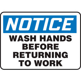 ACCUFORM MANUFACTURING MRST812VP Accuform MRST812VP Notice Sign, Wash Hands Before Returning To Work, 10"W x 7"H, Plastic image.