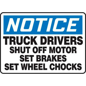 ACCUFORM MANUFACTURING MTKC802VA AccuformNMC Notice Truck Drivers Shut Off Motor Set Brakes Set Sign, Aluminum, 10" x 14", Blue/White image.