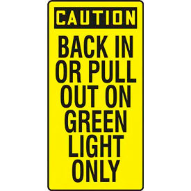 ACCUFORM MANUFACTURING MVHR681VA AccuformNMC Caution Back In Or Pull Out On Green Light Only Sign, Aluminum, 24" x 12", Black/Yellow image.