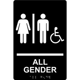 ACCUFORM MANUFACTURING PAD111BK AccuformNMC™ ADA Braille Sign, All Gender with 2 Symbols & Wheelchair Access, 6"W x 9"H, Black image.
