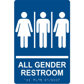 ACCUFORM MANUFACTURING PAD130BU AccuformNMC™ ADA Braille Sign, All Gender Restroom with 3 Symbols, 6"W x 9"H, Blue image.