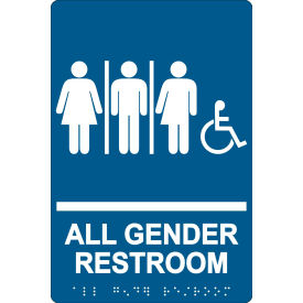 ACCUFORM MANUFACTURING PAD132BU AccuformNMC ADA Braille Sign, All Gender Restroom w/ 3 Symbols & Wheelchair Access, 6"W x 9"H, Blue image.