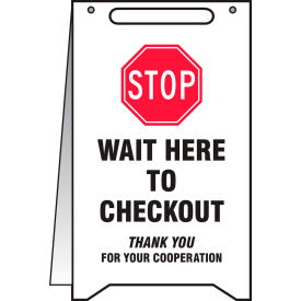 ACCUFORM MANUFACTURING PFR120 Accuform® A-Frame Floor Sign, Stop Wait Here to Checkout, 20" H x 12" W, Plastic image.