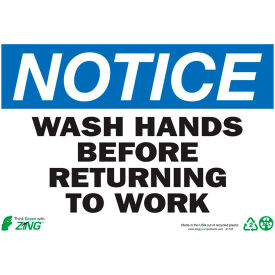 Eco Safety Sign, Notice Wash Hands Before Returning to Work, 10"W x 7"H, Recycled Plastic view 2