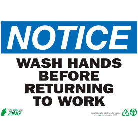 Zing Eco Safety Sign, Notice Wash Hands Before Returning to Work, 14"W x 10"H, Recycled Plastic view 2