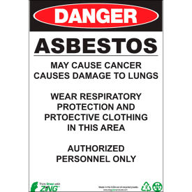 Zing Eco GHS Sign, Danger Asbestos, 10"W x 14"H, Recycled Plastic view 2