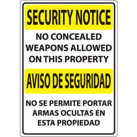 Concealed Carry Sign, Security Notice No Weapons, Bilingual, 10"W x 14"H, Recycled Plastic view 2