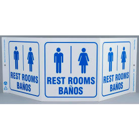 Eco Public Facility Tri View Sign, Rest Rooms/Banos, 20"W x 7-1/2"H, Blue On White view 2