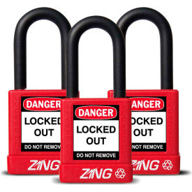ZING ENTERPRISES 7062 ZING RecycLock Safety Padlock, Keyed Alike, 1-1/2" Shackle, 1-3/4" Body, Red, 3 Pack, 7062 image.