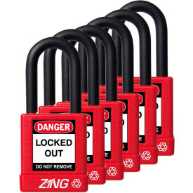 ZING ENTERPRISES 7063 ZING RecycLock Safety Padlock, Keyed Alike, 1-1/2" Shackle, 1-3/4" Body, Red, 6 Pack, 7063 image.