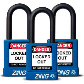 ZING ENTERPRISES 7064 ZING RecycLock Safety Padlock, Keyed Alike, 1-1/2" Shackle, 1-3/4" Body, Blue, 3 Pack, 7064 image.