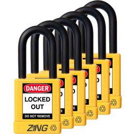 ZING ENTERPRISES 7069 ZING RecycLock Safety Padlock, Keyed Alike, 1-1/2" Shackle, 1-3/4" Body, Yellow, 6 Pack, 7069 image.