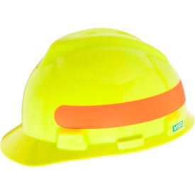 MSA Safety 10102233 MSA V-Gard® Slotted Cap With Fas-Trac III Suspension,Hi-Viz Yellow-Green,Red-Orange Stripe image.