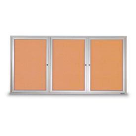 United Visual Products UV420I-SATIN-CORK United Visual 96"W x 48"H 3-Door Outdoor Enclosed Illuminated Corkboard w/Satin Aluminum Frame image.