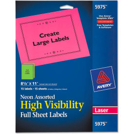Avery Consumer Products 5975 Avery® High-Visibility Laser Labels, 8-1/2 x 11, Assorted Neons, 15/Pack image.
