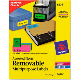 Avery Consumer Products 6479 Avery® Removable Self-Adhesive Multipurpose Labels, 1 x 2-5/8, Assorted Neon, 360/Pack image.