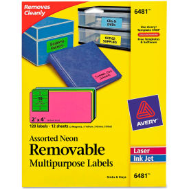 Avery Consumer Products 6481 Avery® Removable Self-Adhesive Multipurpose Labels, 2 x 4, Assorted Neon, 120/Pack image.