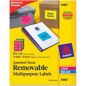 Avery Consumer Products 6482 Avery® Removable Self-Adhesive Multipurpose Labels, 3-1/3 x 4, Assorted Neon, 72/Pack image.