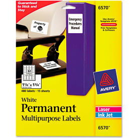 Avery Consumer Products 6570 Avery® Permanent ID Labels, Laser/Inkjet, 1-1/4 x 1-3/4, White, 480/Pack image.