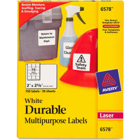 Avery Consumer Products 6578 Avery® Permanent Durable ID Laser Labels, 2 x 2-5/8, White, 750/Pack image.