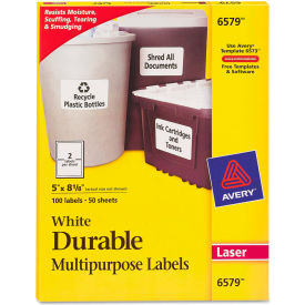 Avery Consumer Products 6579 Avery® Permanent Durable ID Laser Labels, 5 x 8-1/8, White, 100/Pack image.