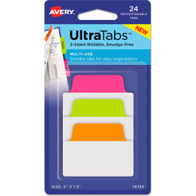 Avery Dennison Corporation 74753 Avery® Ultra Tabs Repositionable Tabs, 2" x 1-1/2", Neon Green, Orange, Pink, 24/Pack image.