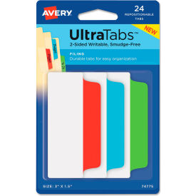 Avery Dennison Corporation 74775 Avery® Ultra Tabs Repositionable Tabs, 3" x 1-1/2", Primary Blue, Green, Red, 24/Pack image.