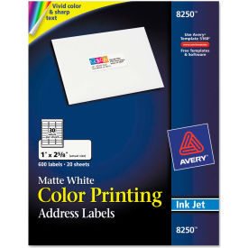 Avery Consumer Products 8250 Avery® Inkjet Labels for Color Printing, 1 x 2-5/8, Matte White, 600/Pack image.