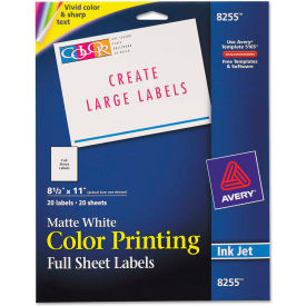 Avery Consumer Products 8255 Avery® Inkjet Labels for Color Printing, 8-1/2 x 11, Matte White, 20/Pack image.
