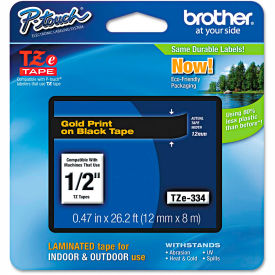 Brother International Corp TZE334 Brother® P-Touch® TZe Labeling Tape, 1/2"W, Gold on Black image.