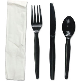 United Stationers Supply BWKFKTNHWPSBLA Boardwalk® Four Piece Fork/Knife/Napkin/Teaspoon Cutlery Kit, Heavyweight, Black, Pack of 250 image.