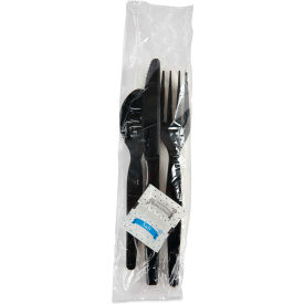 United Stationers Supply BWKFKTNSHWPSBLA Boardwalk® Six Piece Condiment/Fork/Knife/Napkin/Spoon Cutlery Kit, Black, Pack of 250 image.