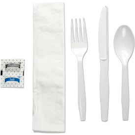 United Stationers Supply BWKFKTNSMWPSWH Boardwalk® Six Piece Condiment/Fork/Knife/Napkin/Teaspoon Cutlery Kit, White, Pack of 250 image.
