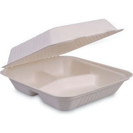 United Stationers Supply HL-93BW Boardwalk® Bagasse Food Container w/ 3 Compartment, 9"L x 9"W x 3-3/16"H, Pack of 200 image.