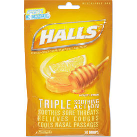 United Stationers Supply CDB28694 HALLS Triple Action Cough Drops, Honey-Lemon, 30/Bag image.