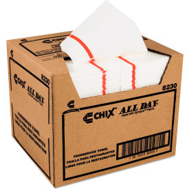 United Stationers Supply CHI8230 Chix® Foodservice Towels, 1-Ply, 12-1/4" x 21", White/Red Stripe, 200/Carton image.