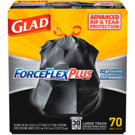 Clorox 70358 Glad® ForceFlex Plus Outdoor Drawstring Trash Bags - Black, 30 Gal, 1.05 Mil, 70/Box - 70358 image.